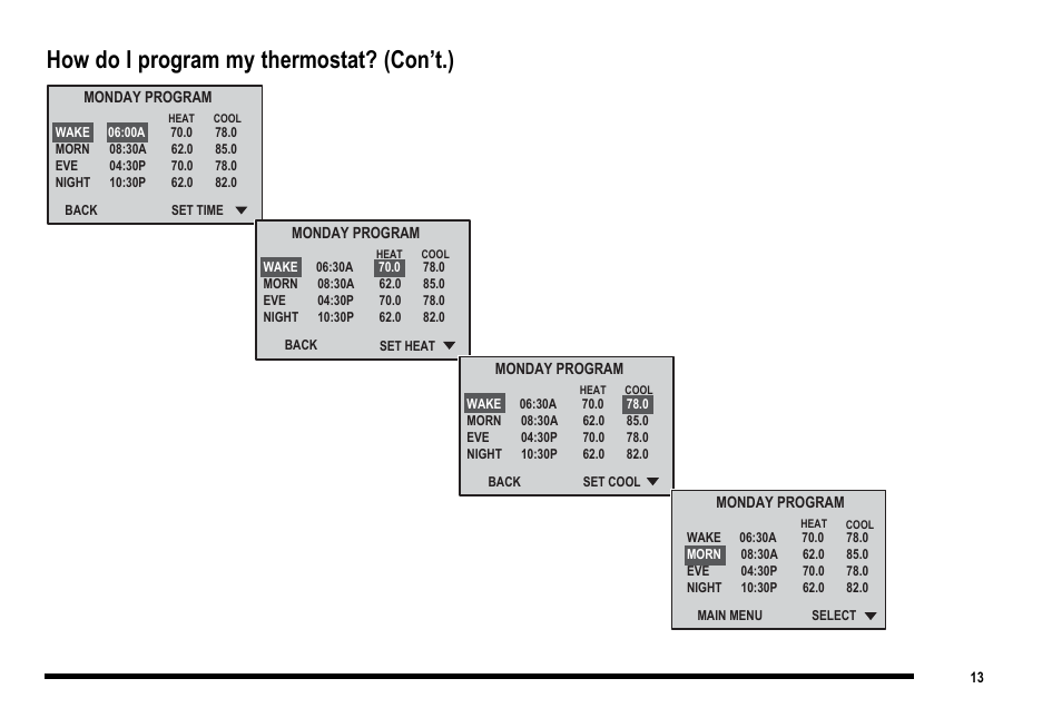 How do i program my thermostat? (con’t.) | Robertshaw 9820I User Manual | Page 13 / 28