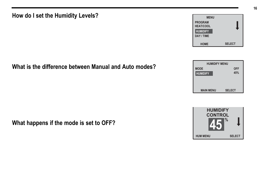 How do i set the humidity levels, What happens if the mode is set to off | Robertshaw 9820I User Manual | Page 16 / 28