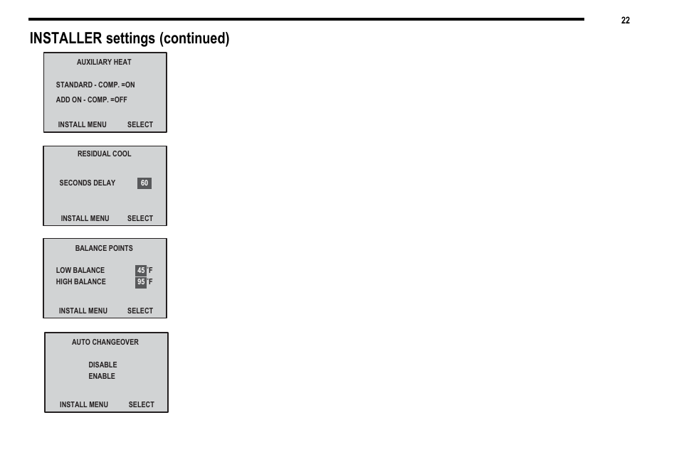 Installer settings (continued) | Robertshaw 9820I User Manual | Page 22 / 28