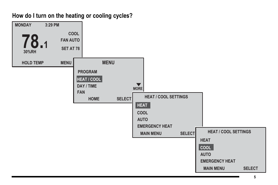 How do i turn on the heating or cooling cycles | Robertshaw 9820I User Manual | Page 5 / 28