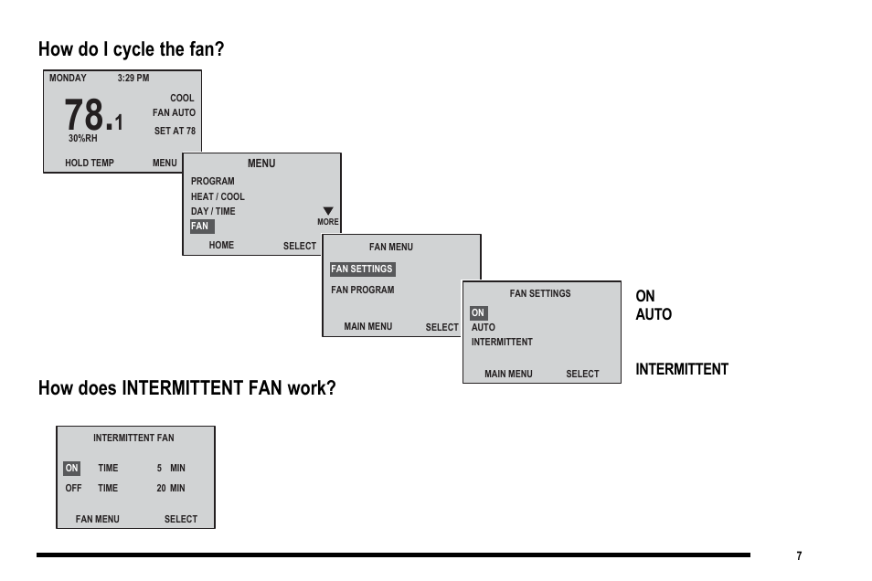 How do i cycle the fan, How does intermittent fan work | Robertshaw 9820I User Manual | Page 7 / 28