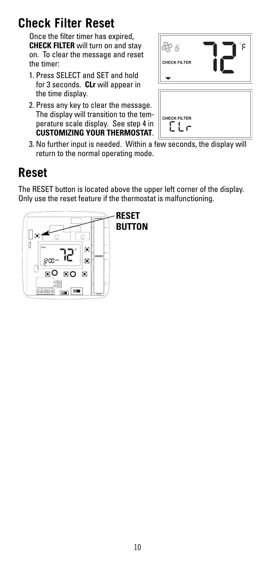 Check filter reset, Reset, Reset button | Robertshaw 8600 User Manual | Page 10 / 12