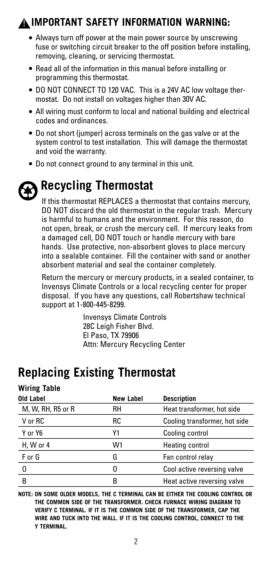 Recycling thermostat, Replacing existing thermostat, Important safety information warning | Robertshaw 8600 User Manual | Page 2 / 12