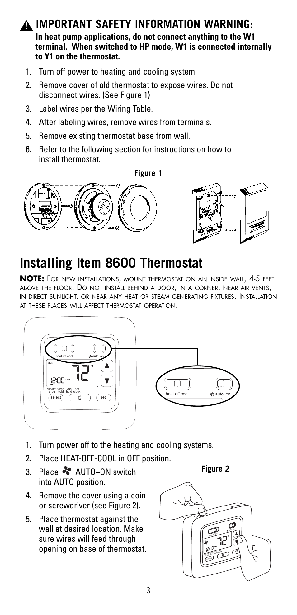 Installing item 8600 thermostat, Important safety information warning, Figure 1 | Figure 2 | Robertshaw 8600 User Manual | Page 3 / 12