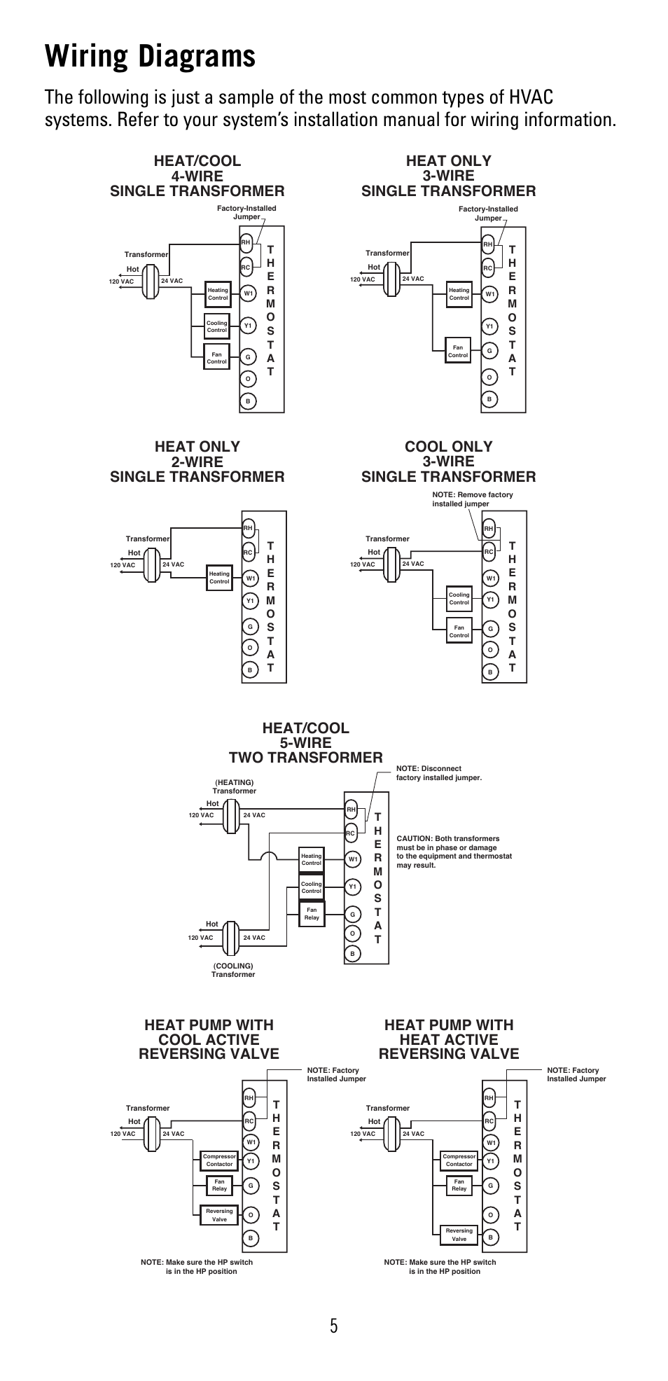 Wiring diagrams, Cool only 3-wire single transformer, Heat/cool 5-wire two transformer | Heat pump with cool active reversing valve, Heat pump with heat active reversing valve | Robertshaw 8600 User Manual | Page 5 / 12