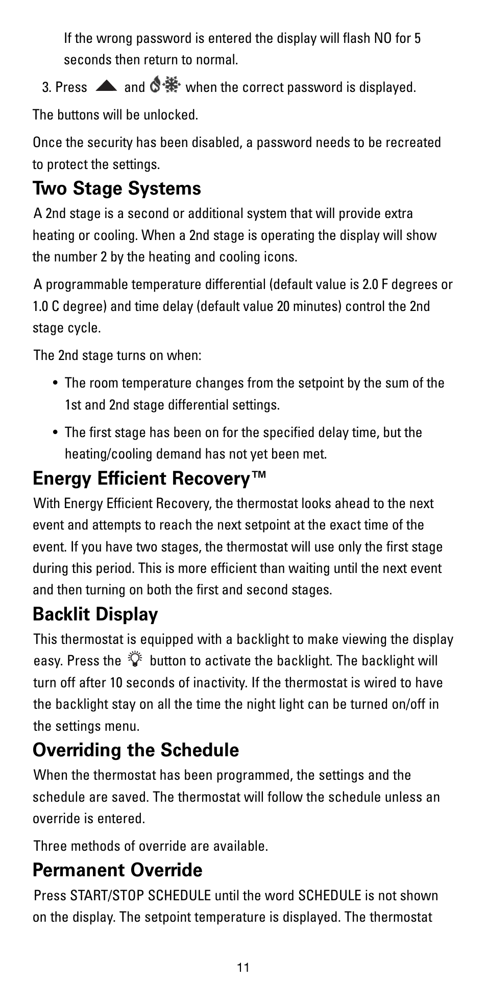 Two stage systems, Energy efficient recovery, Backlit display | Overriding the schedule, Permanent override | Robertshaw RS5110 User Manual | Page 11 / 32