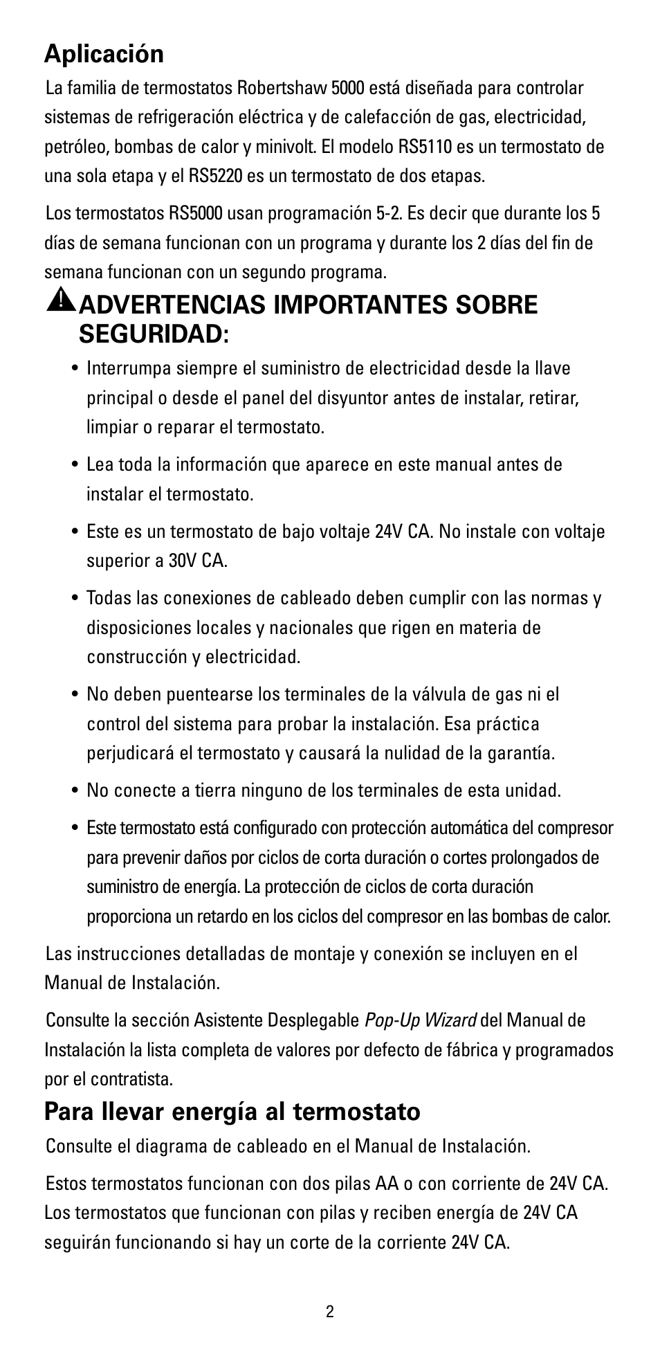 Aplicación, Advertencias importantes sobre seguridad, Para llevar energía al termostato | Robertshaw RS5110 User Manual | Page 18 / 32
