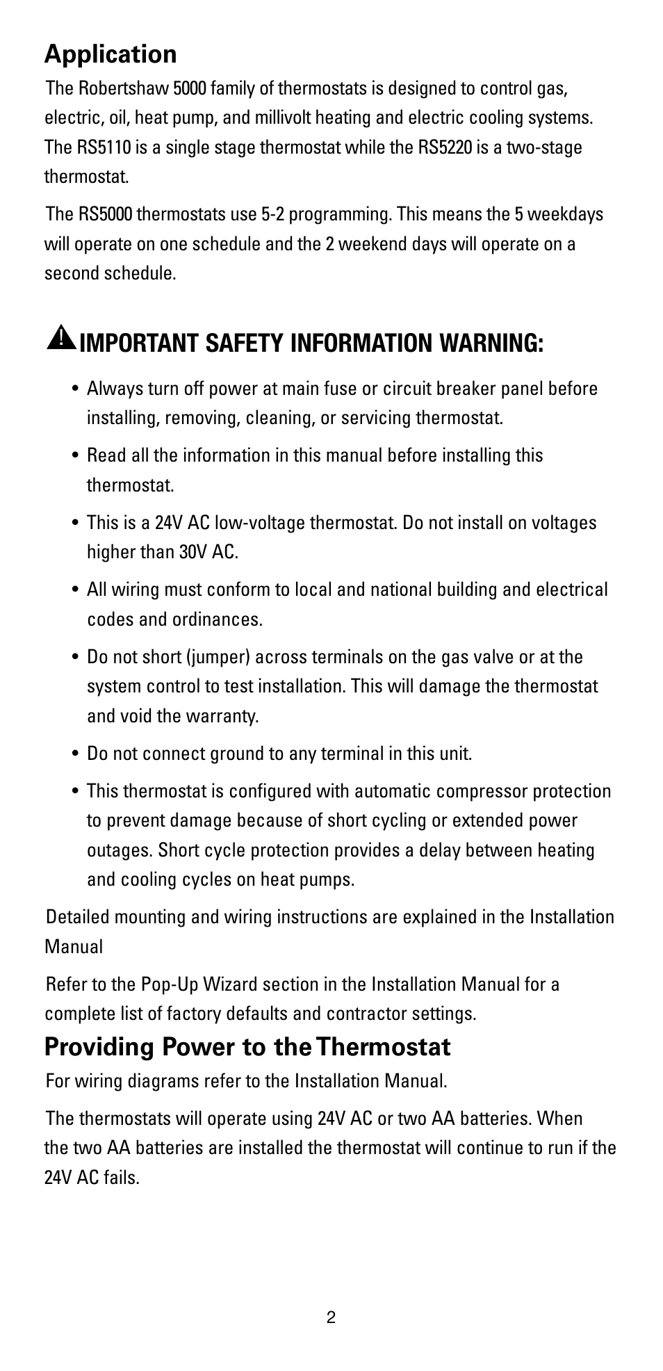Application, Important safety information warning, Providing power to the thermostat | Robertshaw RS5110 User Manual | Page 2 / 32