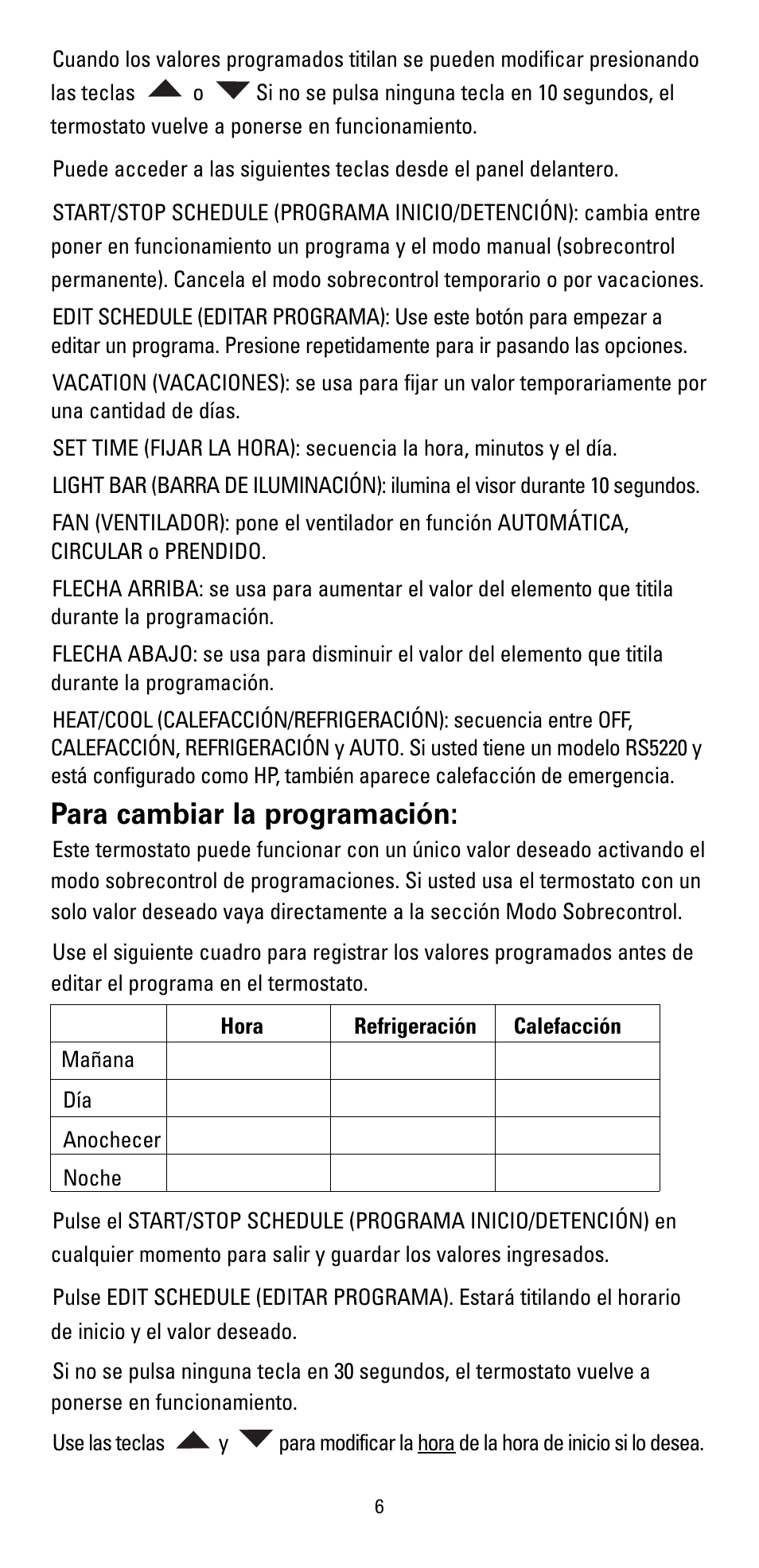 Para cambiar la programación | Robertshaw RS5110 User Manual | Page 22 / 32