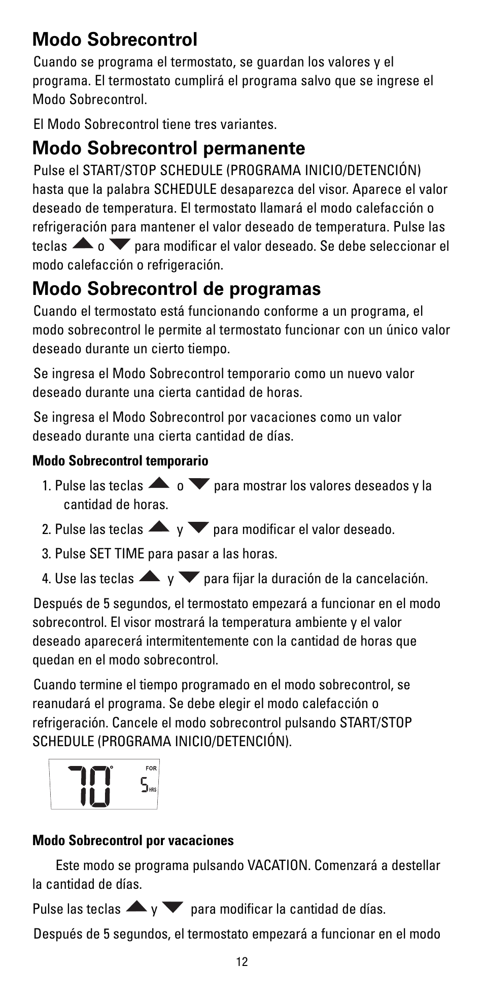 Modo sobrecontrol, Modo sobrecontrol permanente, Modo sobrecontrol de programas | Robertshaw RS5110 User Manual | Page 28 / 32