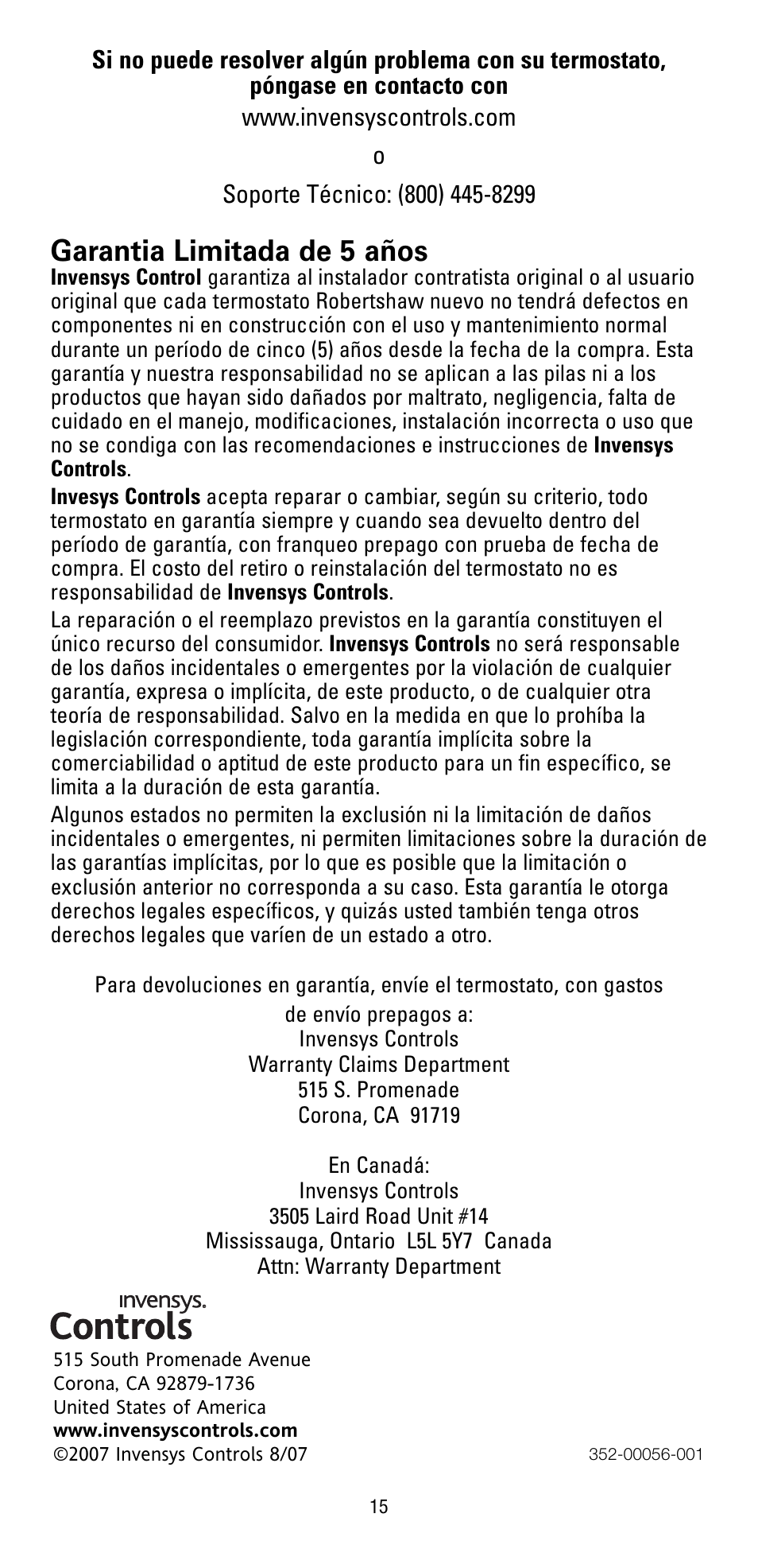 Garantia limitada de 5 años | Robertshaw RS5110 User Manual | Page 31 / 32