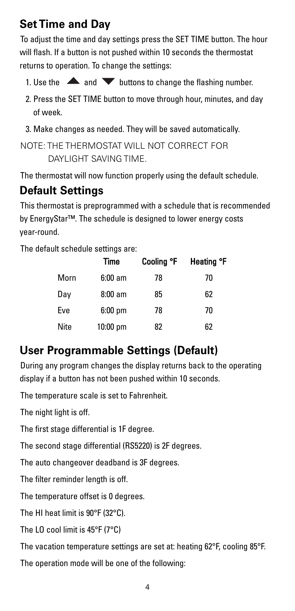 Set time and day, Default settings, User programmable settings (default) | Robertshaw RS5110 User Manual | Page 4 / 32