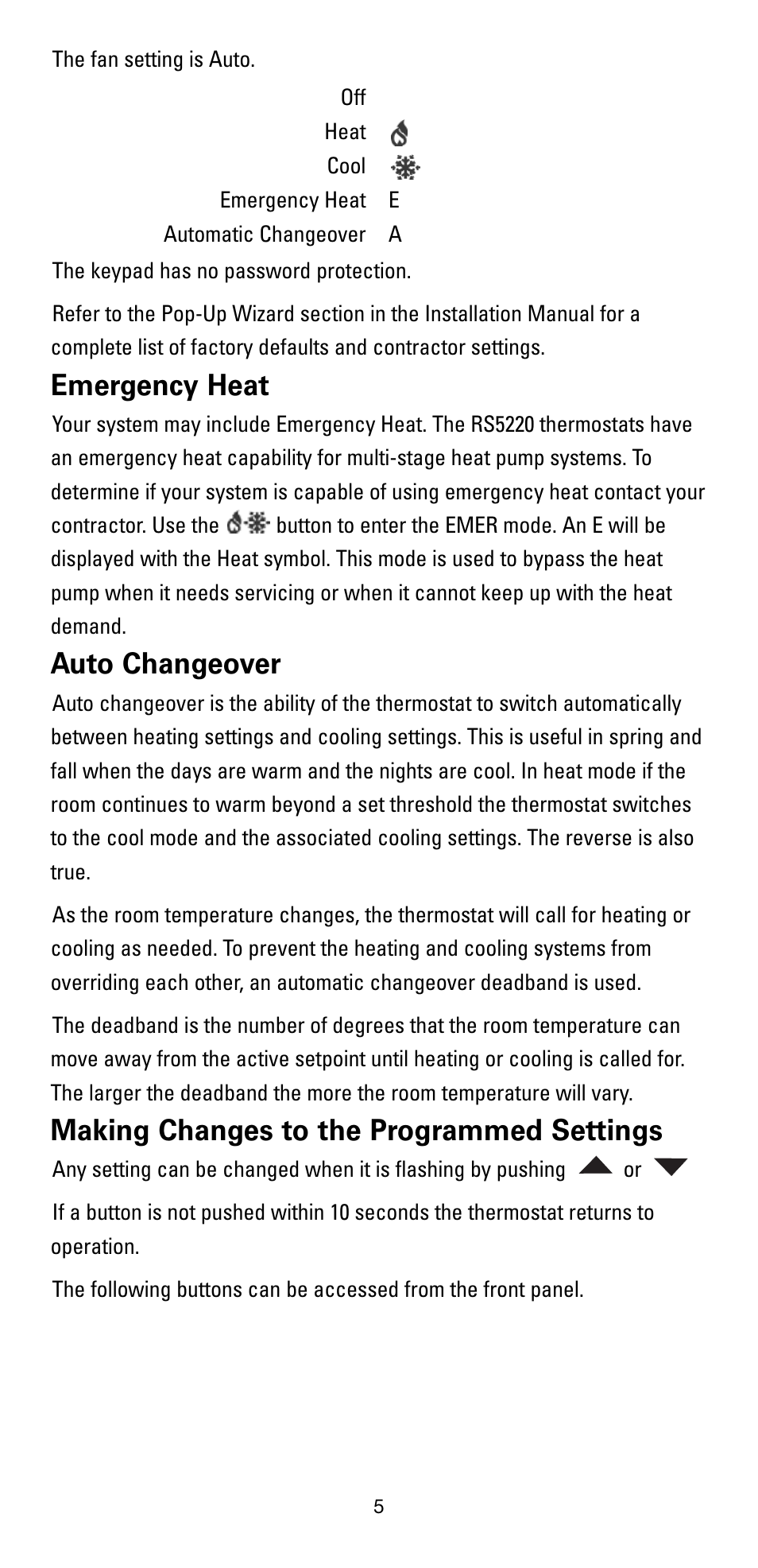 Emergency heat, Auto changeover, Making changes to the programmed settings | Robertshaw RS5110 User Manual | Page 5 / 32