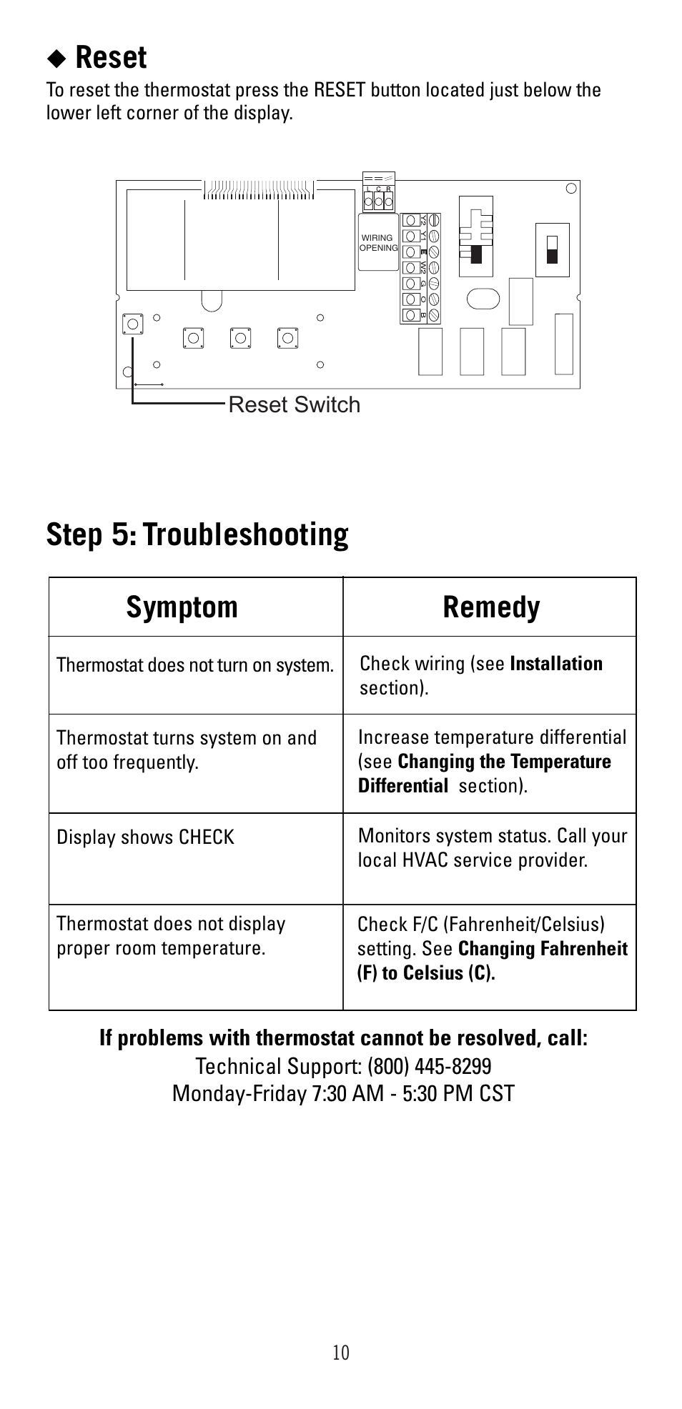 Reset, Step 5: troubleshooting, Symptom remedy | Robertshaw 9420 User Manual | Page 10 / 12