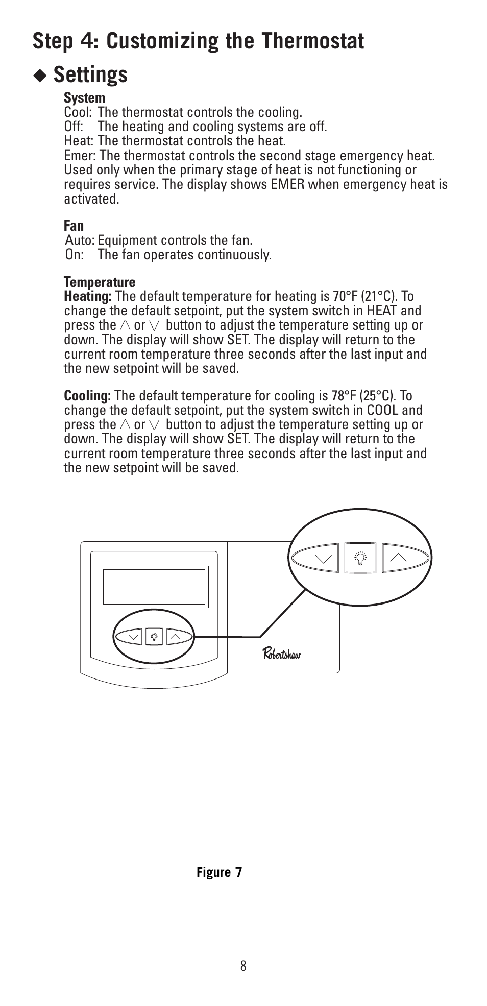 Step 4: customizing the thermostat, Settings | Robertshaw 9420 User Manual | Page 8 / 12