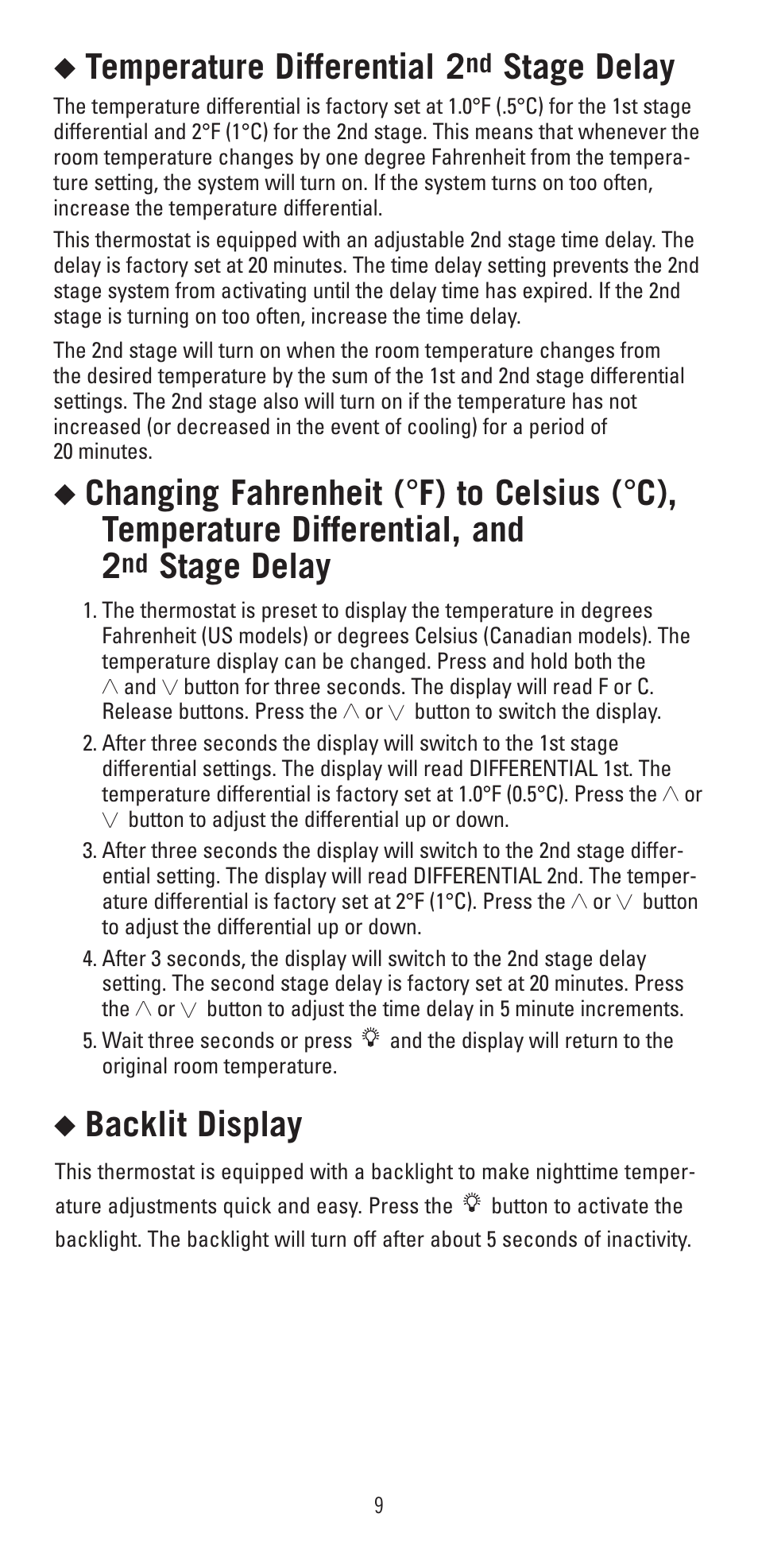 Temperature differential 2, Stage delay, Backlit display | Robertshaw 9420 User Manual | Page 9 / 12