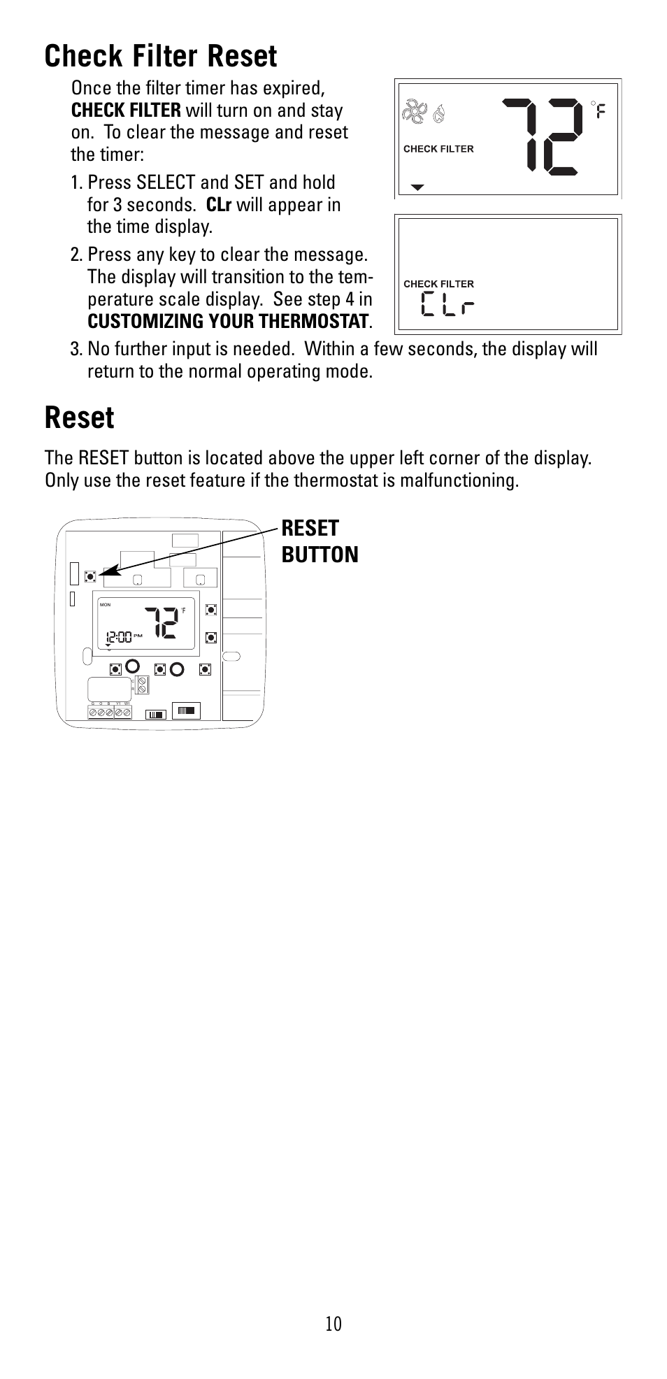 Check filter reset, Reset, Reset button | Robertshaw 8601 User Manual | Page 10 / 12
