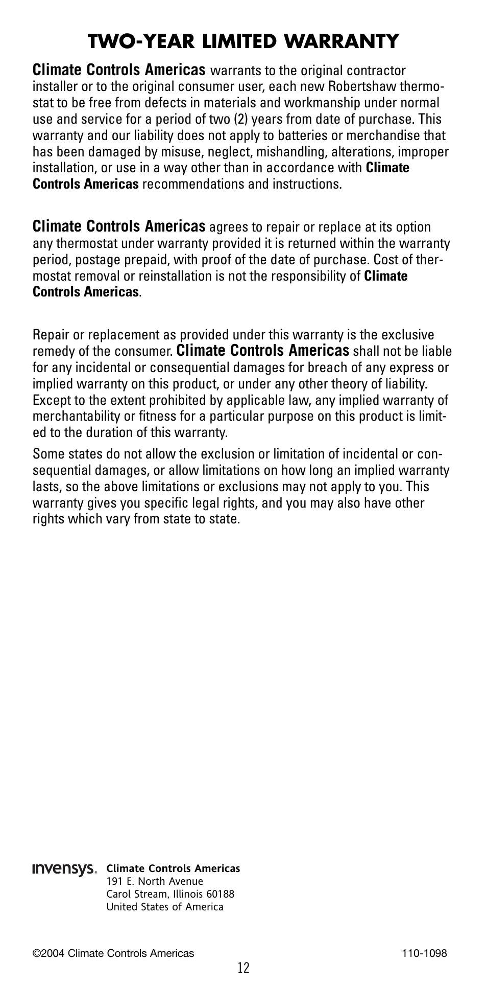 Two-year limited warranty | Robertshaw 8601 User Manual | Page 12 / 12