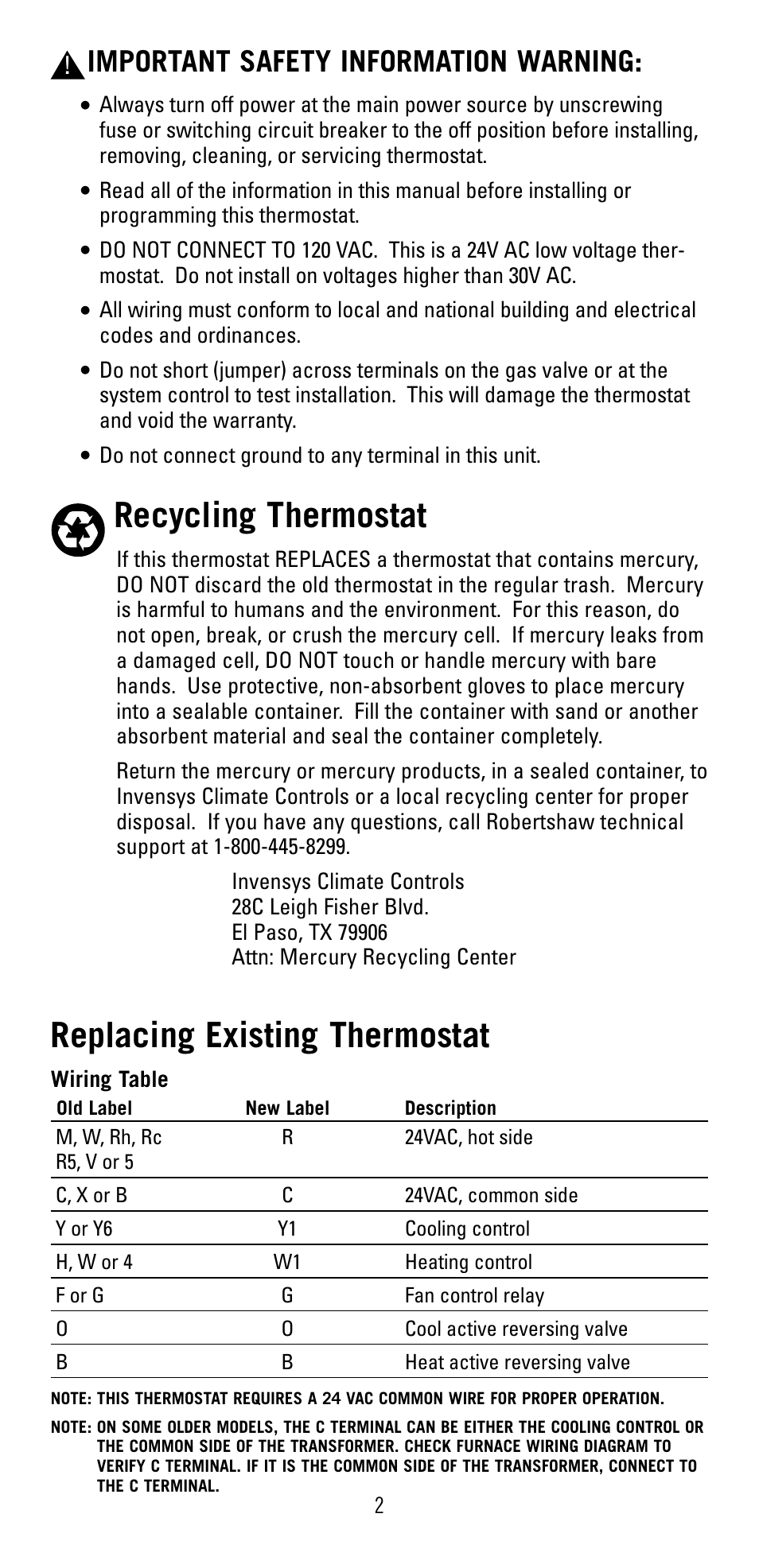 Recycling thermostat, Replacing existing thermostat, Important safety information warning | Robertshaw 8601 User Manual | Page 2 / 12