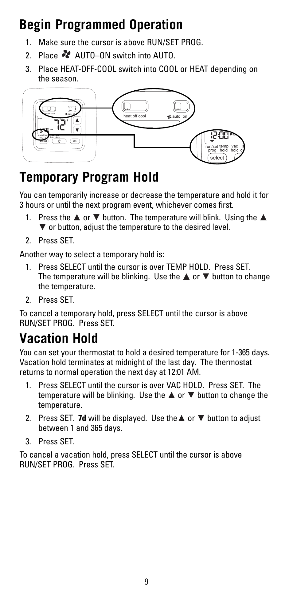 Begin programmed operation, Temporary program hold, Vacation hold | Robertshaw 8601 User Manual | Page 9 / 12