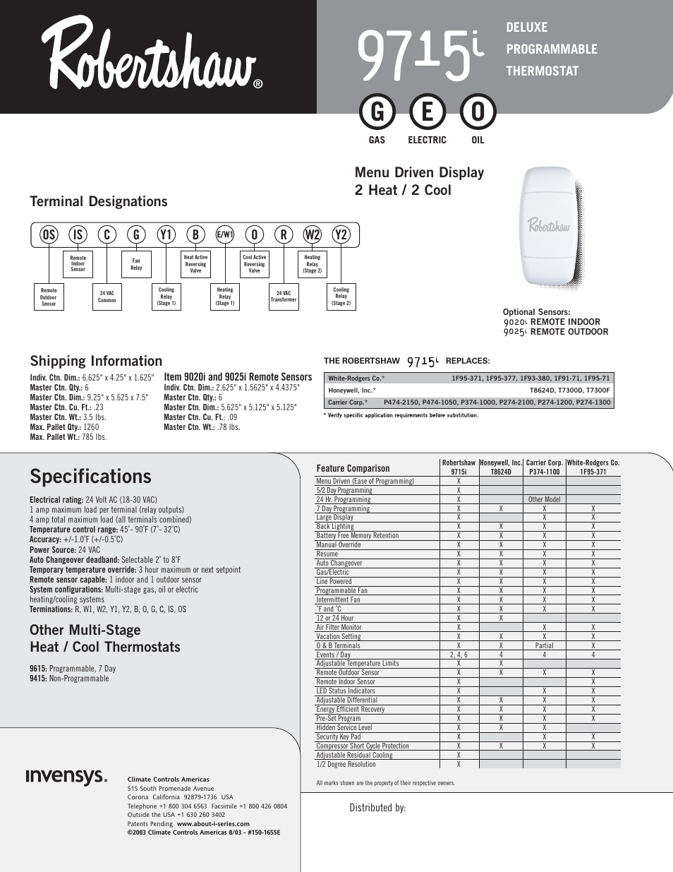 Specifications, Other multi-stage heat / cool thermostats, Shipping information | Os is c y1 b o, W2 r, Y2 g, Deluxe programmable thermostat | Robertshaw HOMEOWNER FRIENDLY 9715I User Manual | Page 2 / 2