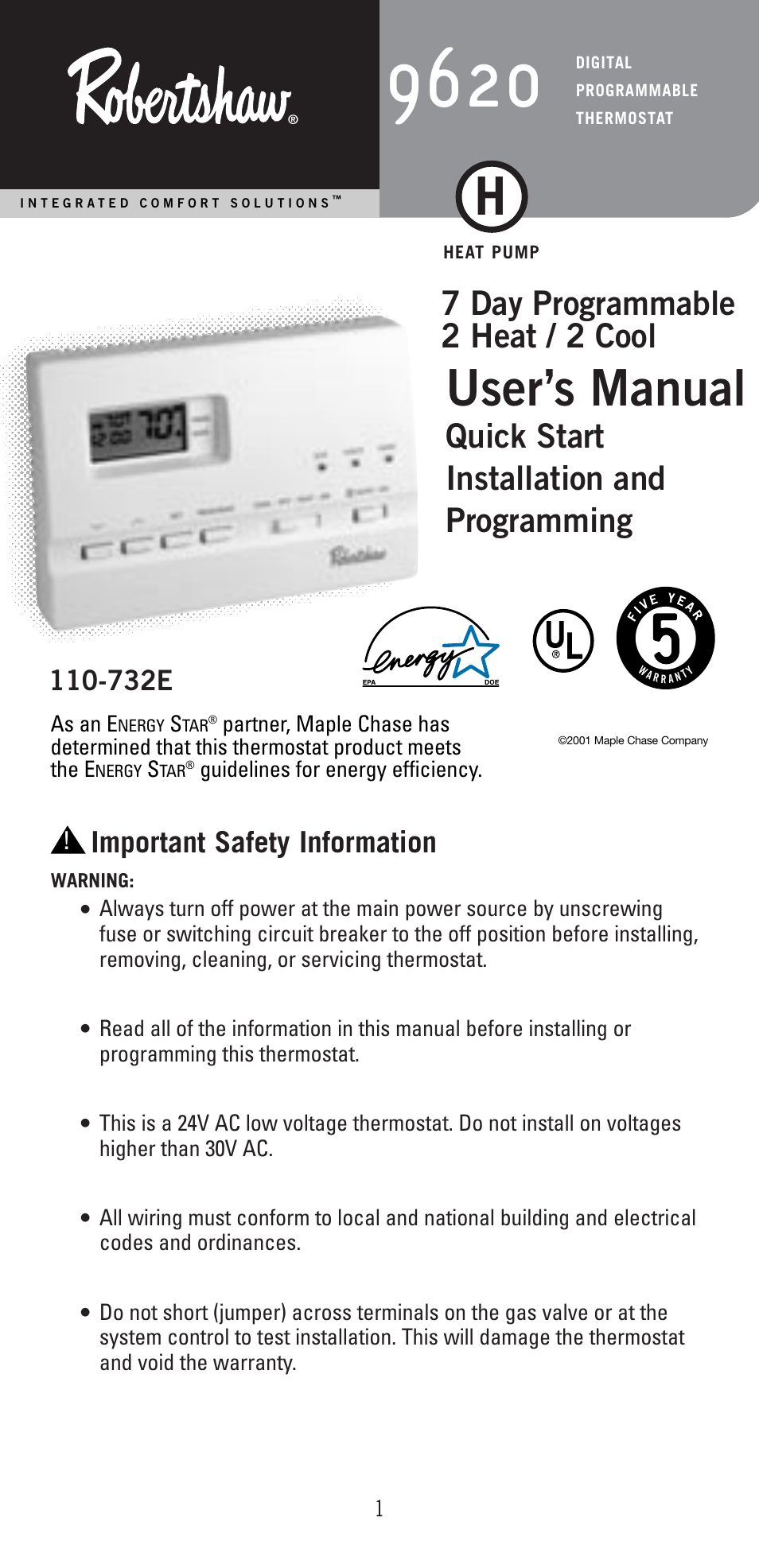 Robertshaw 9620 User Manual | 14 pages