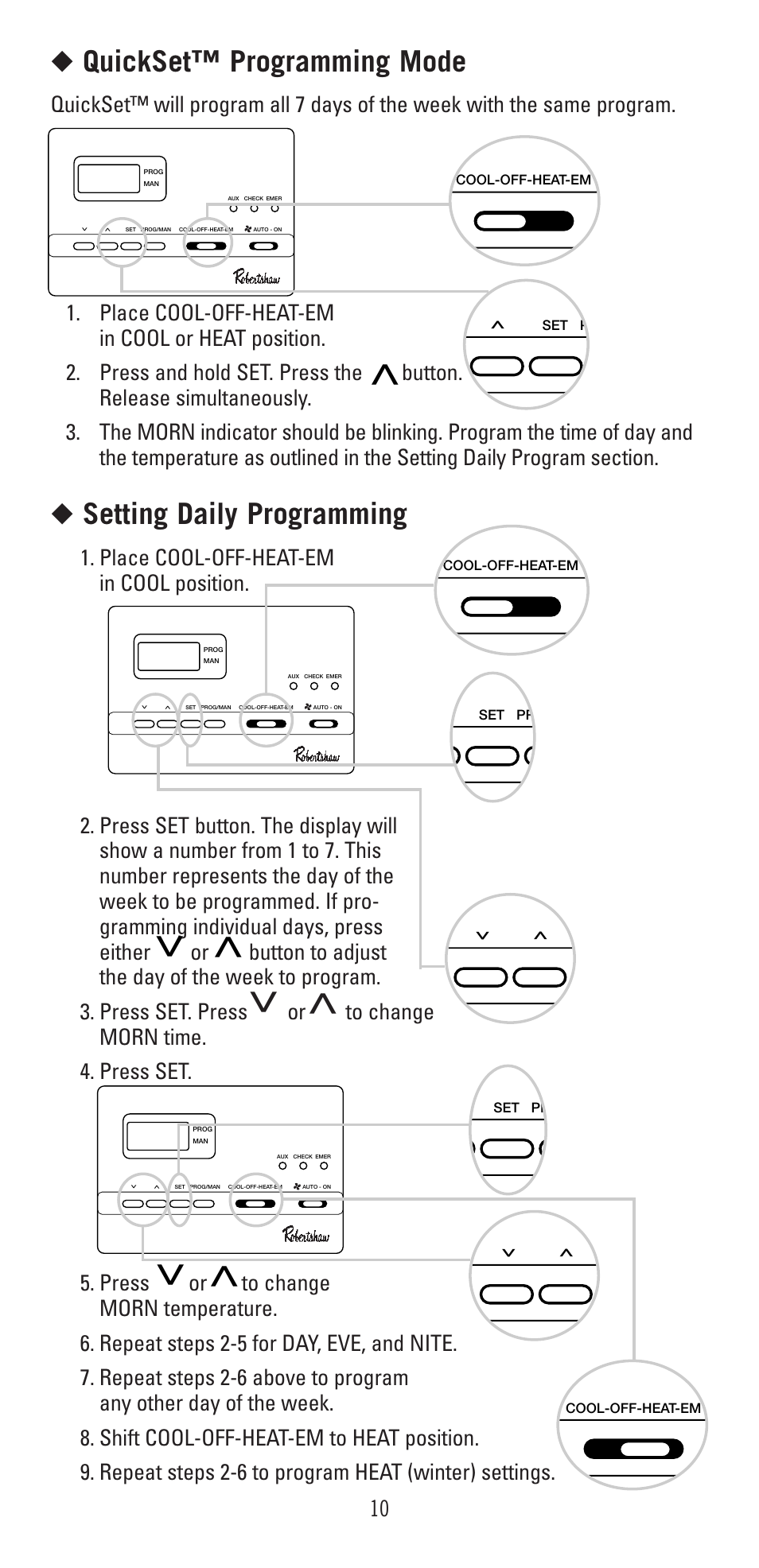 Quickset™ programming mode, Setting daily programming | Robertshaw 9620 User Manual | Page 10 / 14