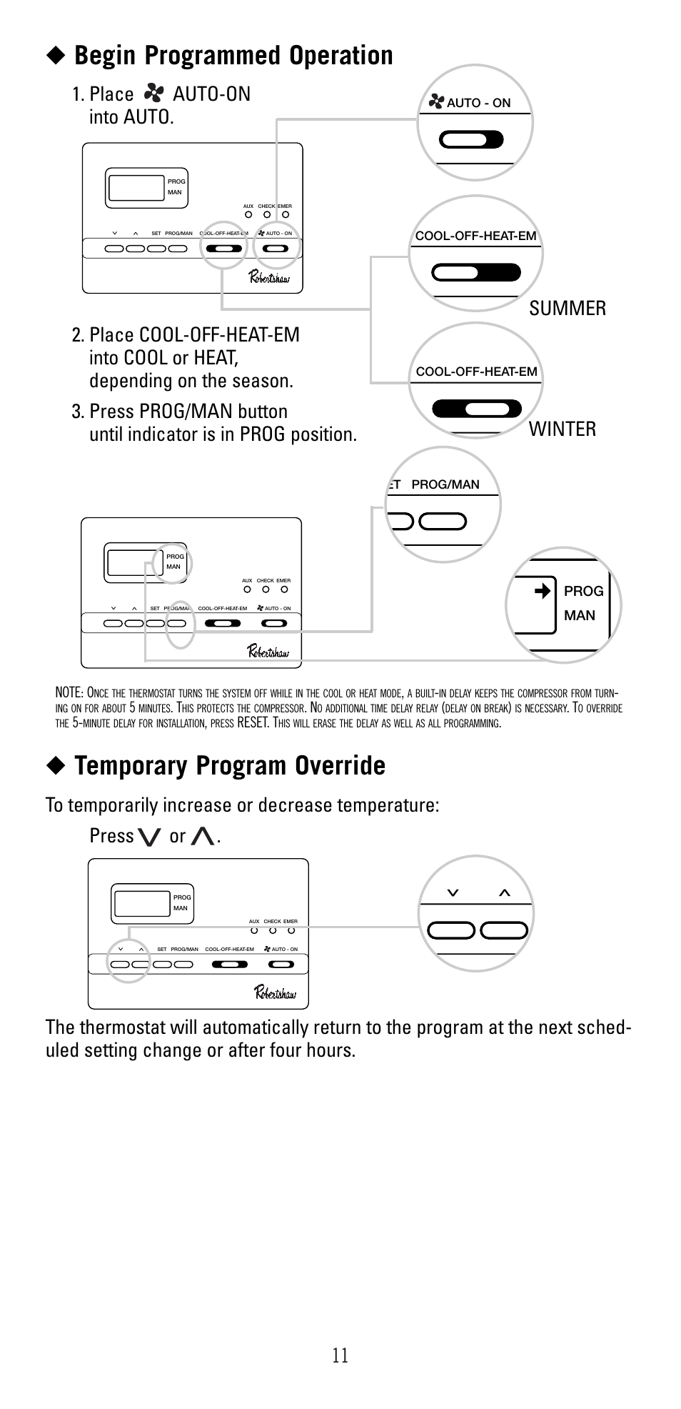 Begin programmed operation, Temporary program override, Summer winter | Robertshaw 9620 User Manual | Page 11 / 14