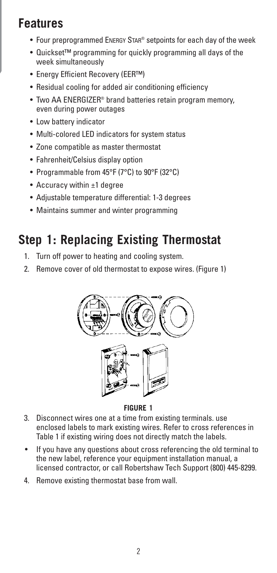 Features, Step 1: replacing existing thermostat | Robertshaw 9620 User Manual | Page 2 / 14