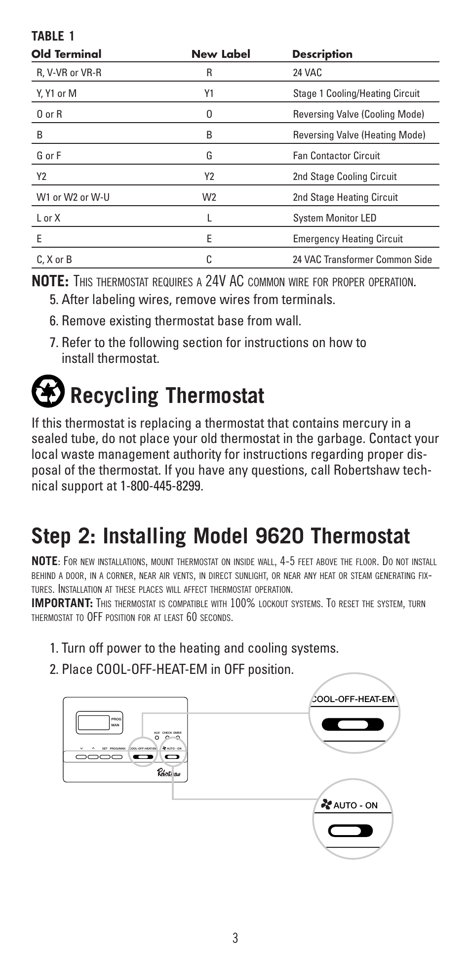 Recycling thermostat, 24v ac, Table 1 | Robertshaw 9620 User Manual | Page 3 / 14