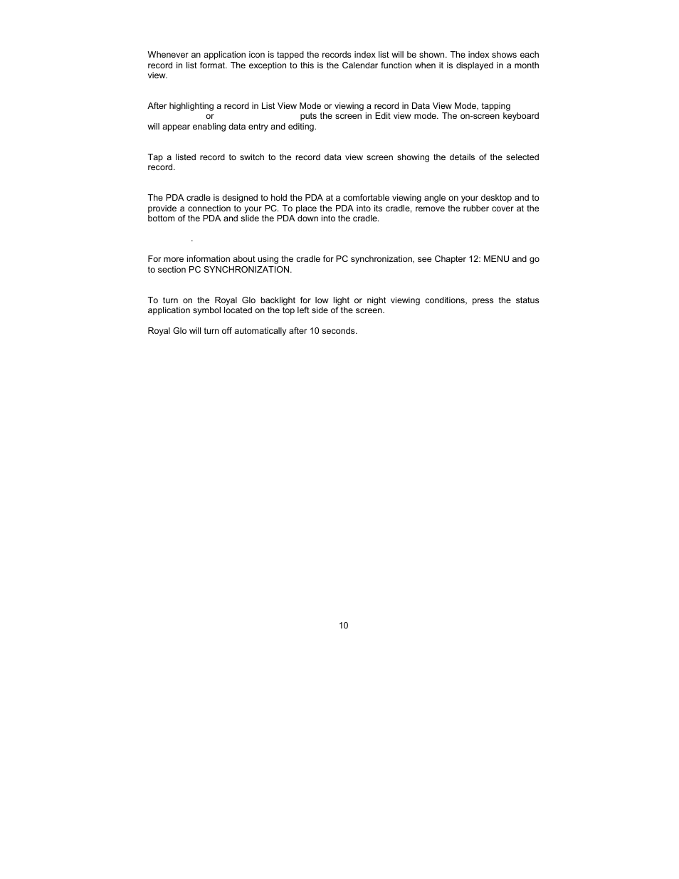 The pda cradle, Royal glo | Royal Consumer Information Products Linea Pen Based PDA User Manual | Page 10 / 29