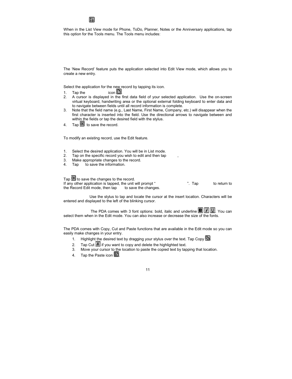 Chapter 4 –  tools menu, Using the ‘new record’ feature, Using ‘edit record’ feature | Royal Consumer Information Products Linea Pen Based PDA User Manual | Page 11 / 29