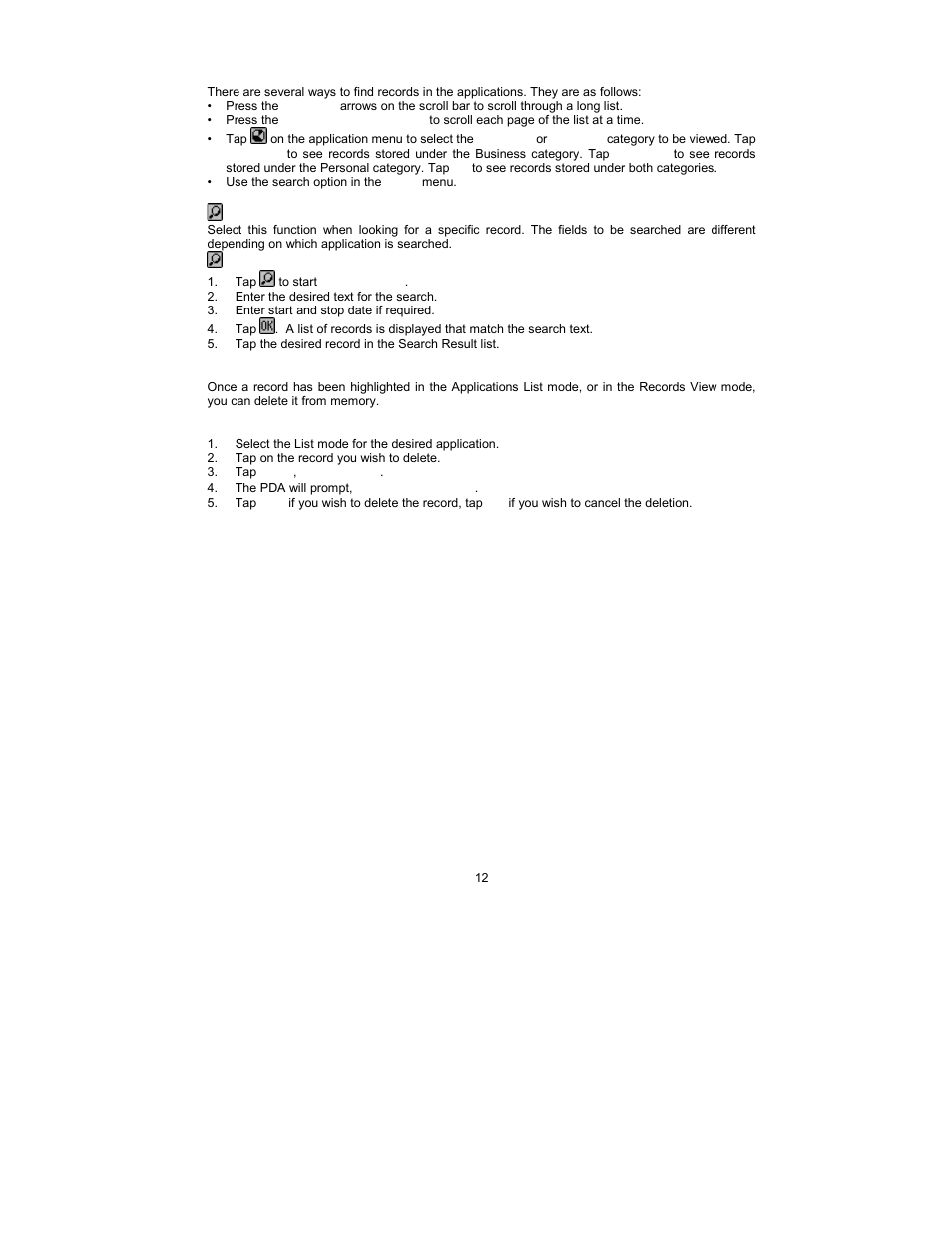 Finding records, Using ‘search record’ function, Using ‘delete record’ function | Royal Consumer Information Products Linea Pen Based PDA User Manual | Page 12 / 29