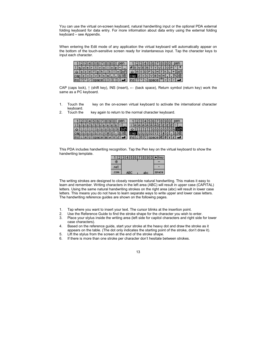 Chapter 5 - on-screen keyboard data entry, Using the on-screen virtual keyboard, International characters | Natural handwriting input | Royal Consumer Information Products Linea Pen Based PDA User Manual | Page 13 / 29