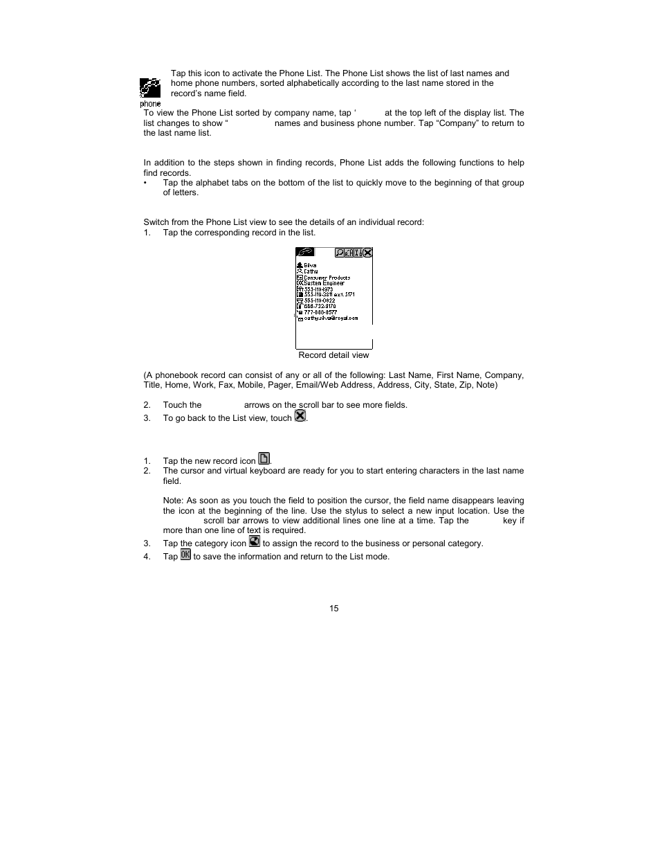 Chapter 6 – phone book, Finding phone records, Viewing phone records | Creating, editing and deleting contact records | Royal Consumer Information Products Linea Pen Based PDA User Manual | Page 15 / 29