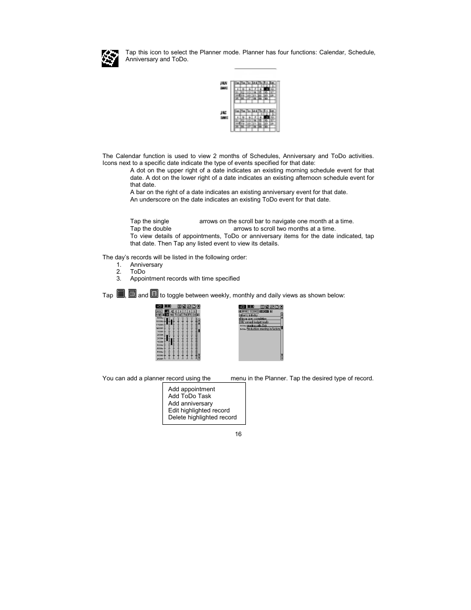 Chapter 7 - planner, Calendar function | Royal Consumer Information Products Linea Pen Based PDA User Manual | Page 16 / 29