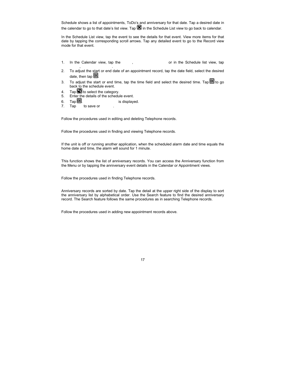 Schedule function, Creating, editing and deleting scheduled records, Anniversary function | Royal Consumer Information Products Linea Pen Based PDA User Manual | Page 17 / 29