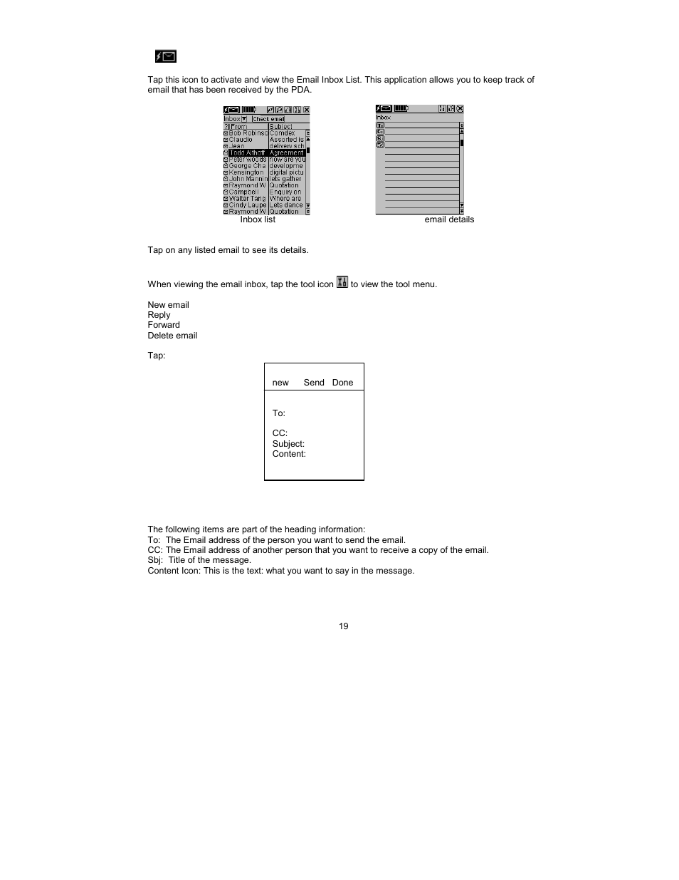 Chapter 9 – email, Reading email, New email | Email heading information | Royal Consumer Information Products Linea Pen Based PDA User Manual | Page 19 / 29
