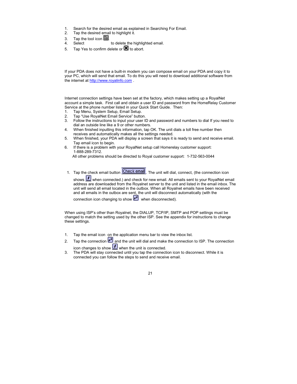 Delete email, Sending and receiving email, Pda without a modem | Pda with a modem, Using royalnet, Sending and receiving email with royalnet, Using another pop3 internet service provider (isp), Connecting to an isp other than royalnet | Royal Consumer Information Products Linea Pen Based PDA User Manual | Page 21 / 29