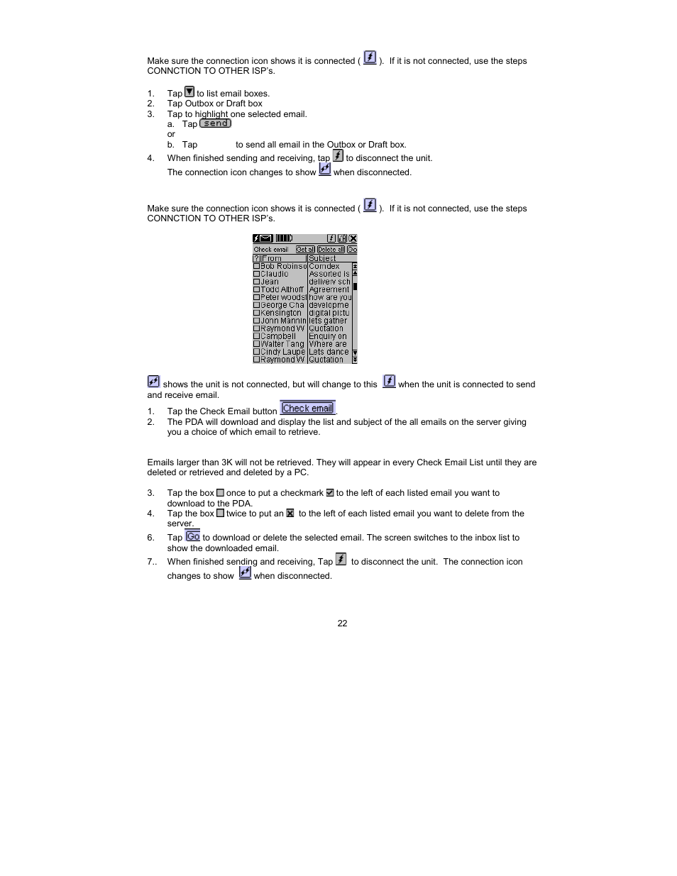 Sending email using an isp other than royalnet, Receiving email using an isp other than royalnet | Royal Consumer Information Products Linea Pen Based PDA User Manual | Page 22 / 29
