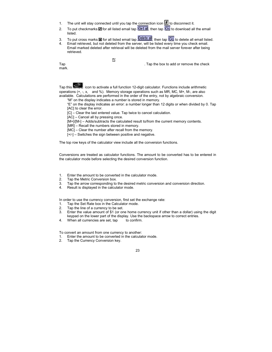 Chapter 10 - calculator, Conversions, Metric conversion | Currency conversion | Royal Consumer Information Products Linea Pen Based PDA User Manual | Page 23 / 29