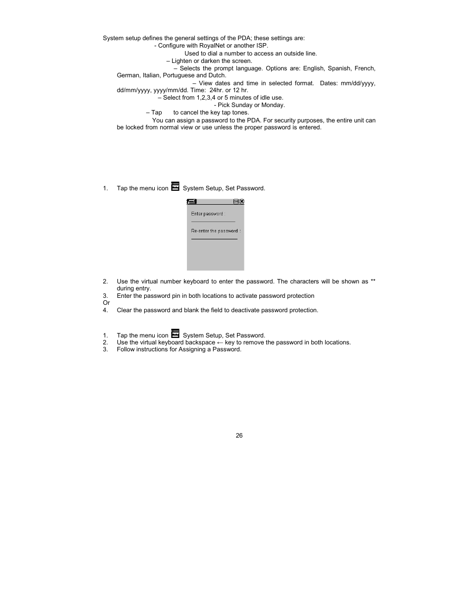 System setup, Assigning a password | Royal Consumer Information Products Linea Pen Based PDA User Manual | Page 26 / 29