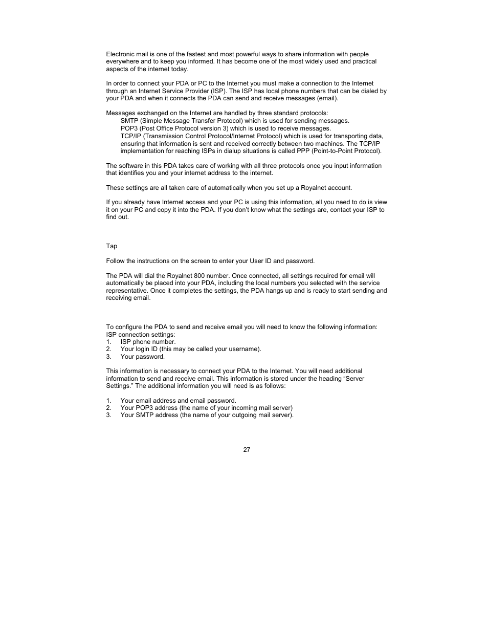Appendices, A. understanding email, B. configuring for royalnet email | C. configureing email settings for other isp | Royal Consumer Information Products Linea Pen Based PDA User Manual | Page 27 / 29