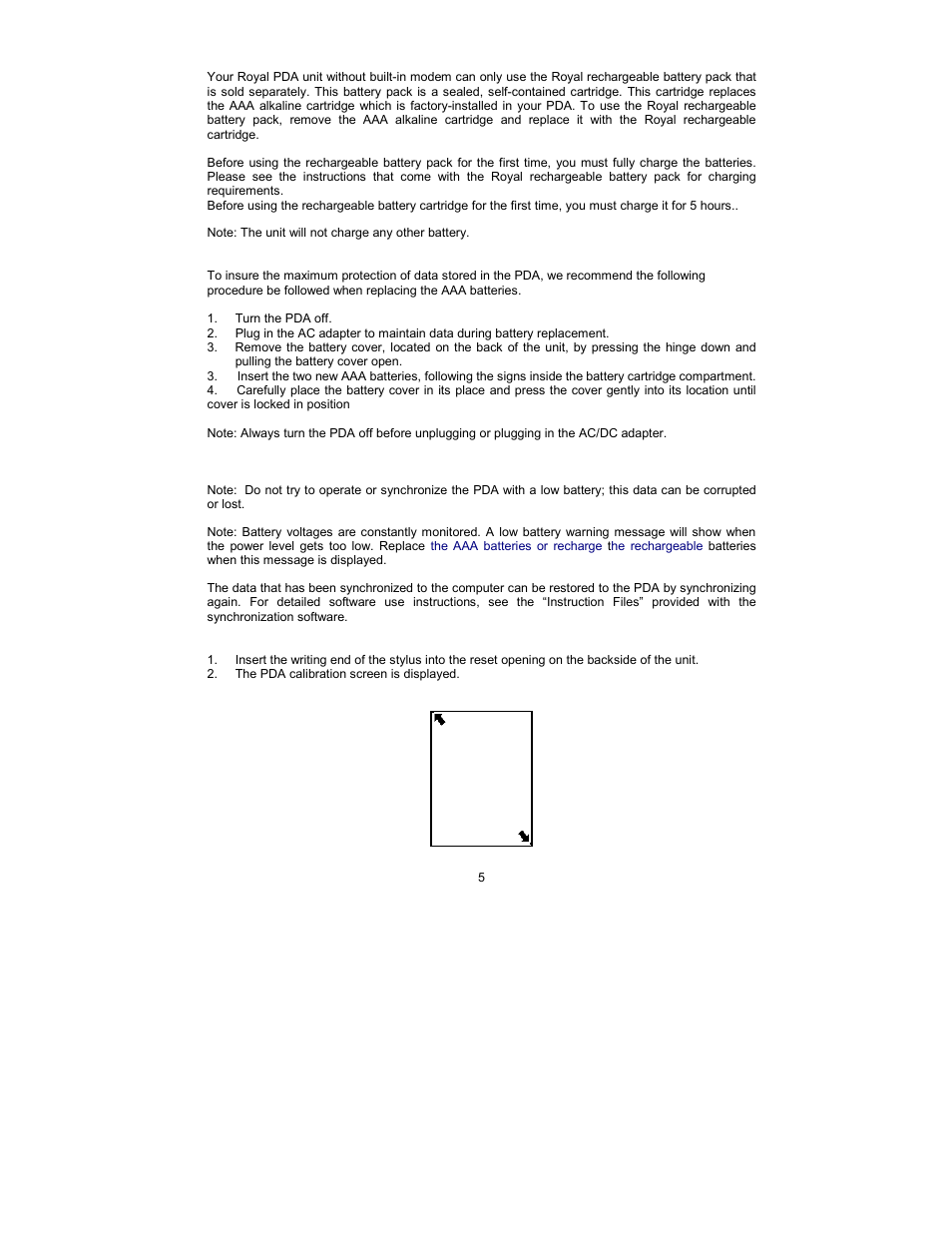 Using rechargeable batteries, Aaa battery installation and replacement, Reset initialization | Royal Consumer Information Products Linea Pen Based PDA User Manual | Page 5 / 29