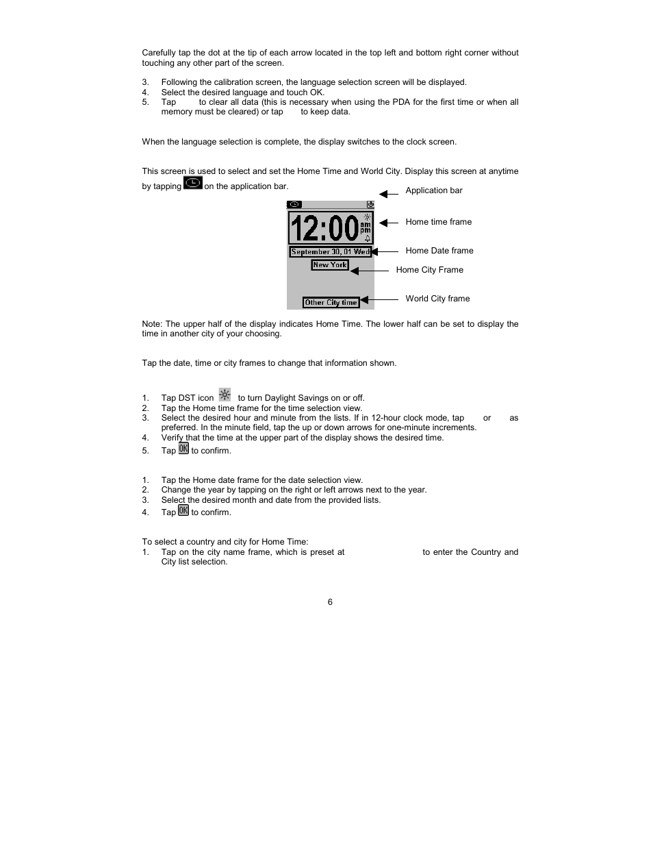 Home and world time, Setting date and time | Royal Consumer Information Products Linea Pen Based PDA User Manual | Page 6 / 29