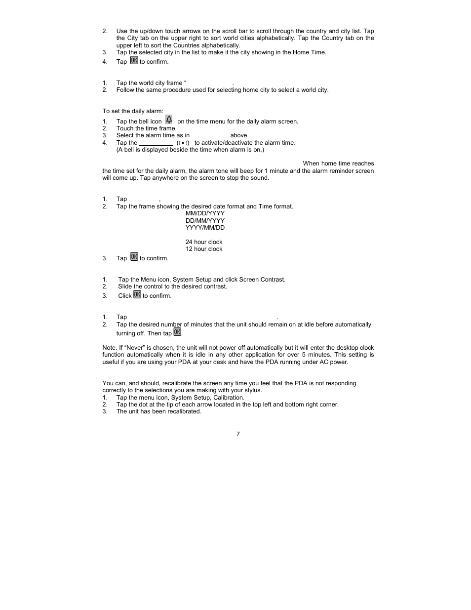 Daily alarm, Setting date and time format, Screen contrast | Auto-power off, Screen calibration | Royal Consumer Information Products Linea Pen Based PDA User Manual | Page 7 / 29