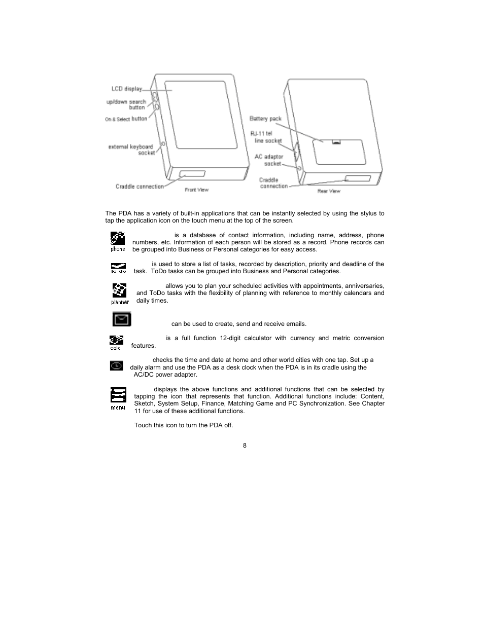 Chapter 3 – getting to know your pda, Part names and functions, Application bar touch menu | Royal Consumer Information Products Linea Pen Based PDA User Manual | Page 8 / 29