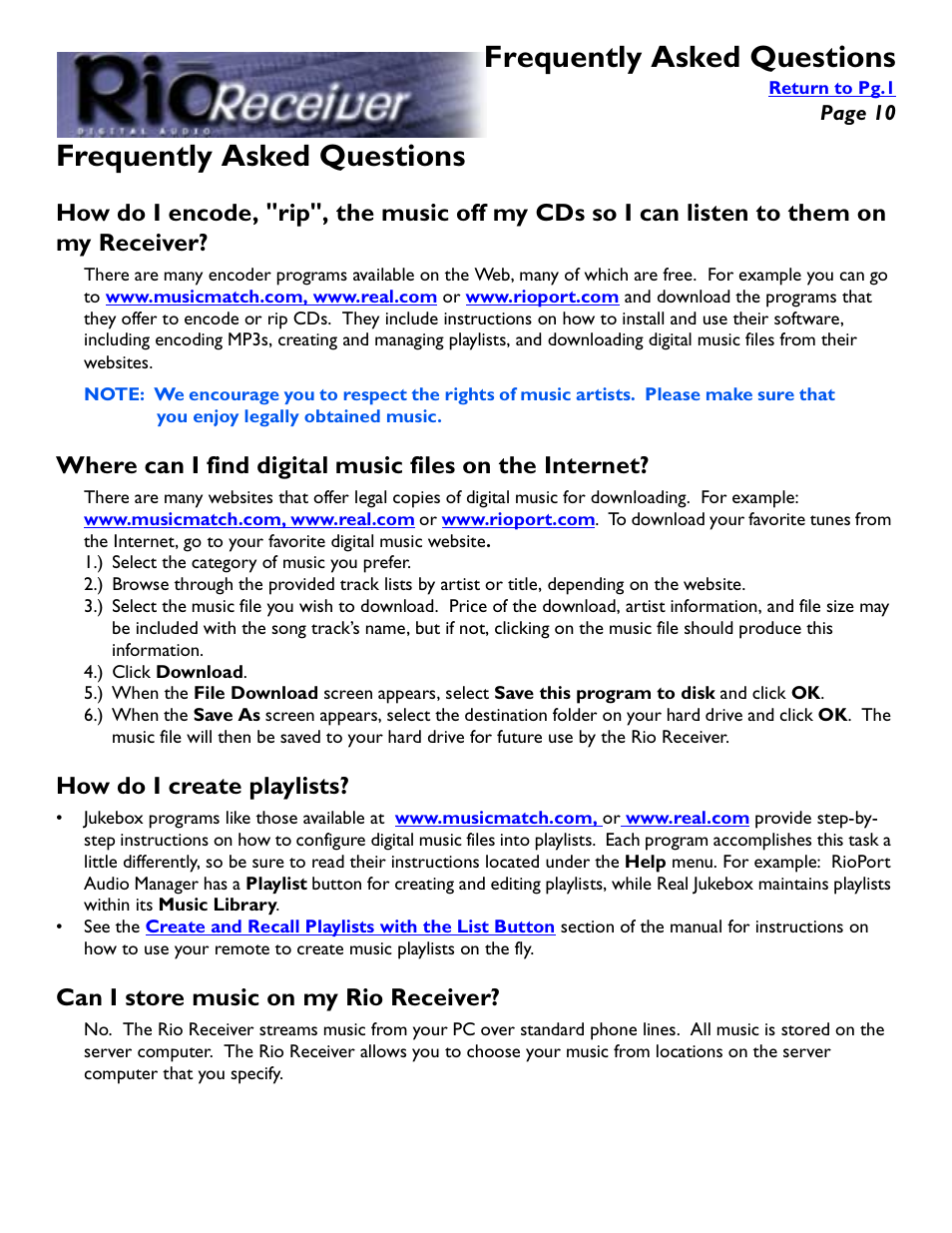 Frequently asked questions, How do i create playlists, Can i store music on my rio receiver | Frequently asked questions (faqs) | Rio Audio Digital Audio Receiver User Manual | Page 10 / 18