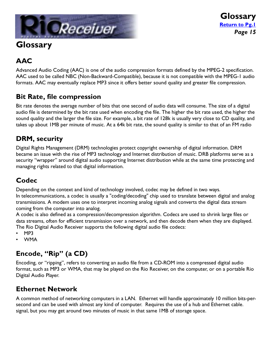 Glossary, Bit rate, file compression, Drm, security | Codec, Encode, “rip” (a cd), Ethernet network | Rio Audio Digital Audio Receiver User Manual | Page 15 / 18
