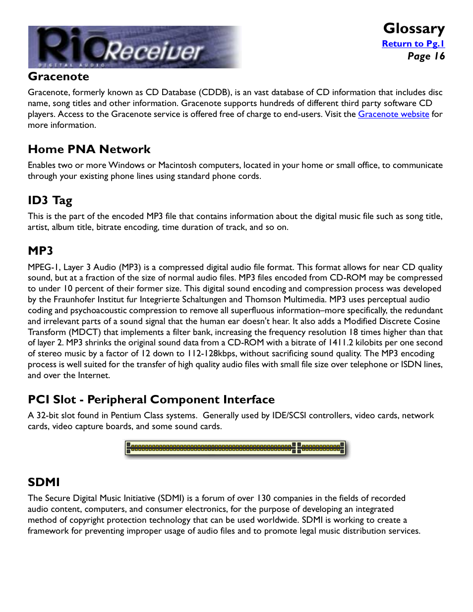 Gracenote, Home pna network, Id3 tag | Pci slot - peripheral component interface, Sdmi, Glossary | Rio Audio Digital Audio Receiver User Manual | Page 16 / 18